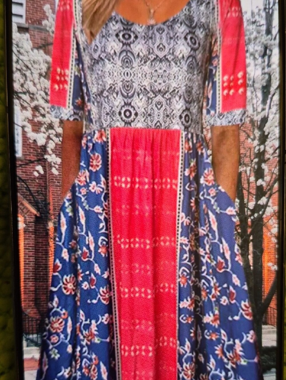 Boho Patchwork Maxi Dress - Light Red, Indigo Blue, & Navy Blue. Size XXL - Picture 2 of 2